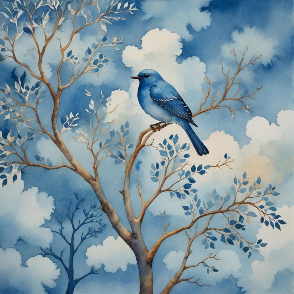 Blue Bird in Surreal Watercolor Landscape