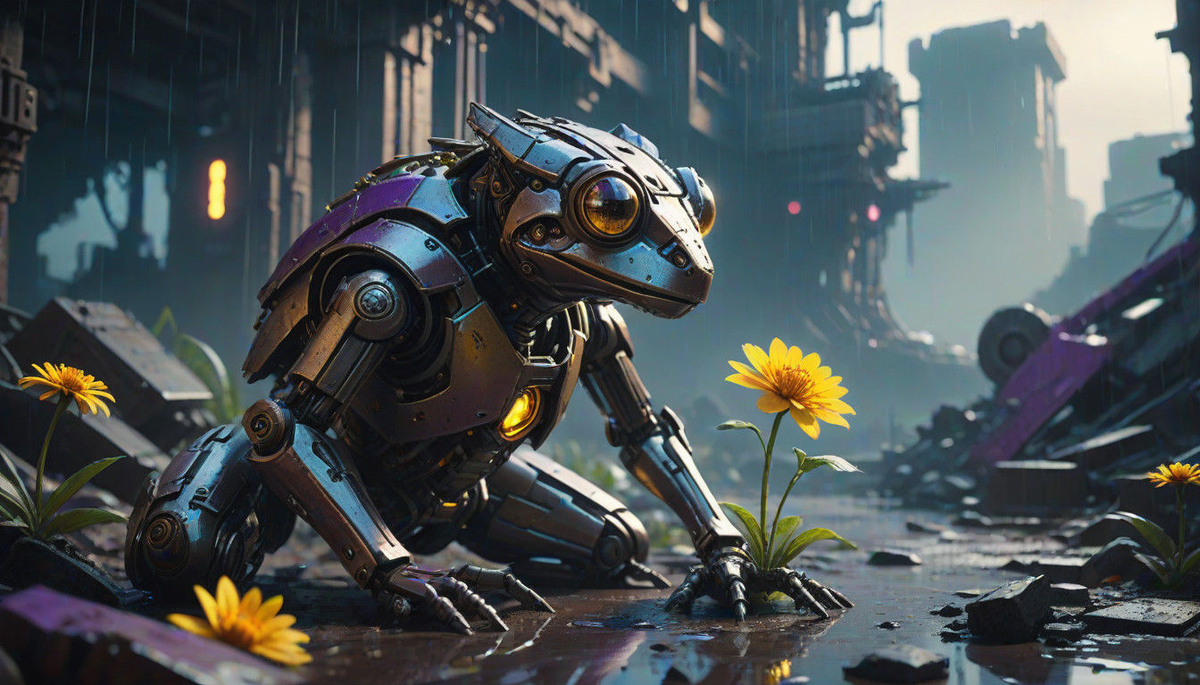 Cyberpunk Robot Frog Observes Vibrant Yellow Flower in Ruins