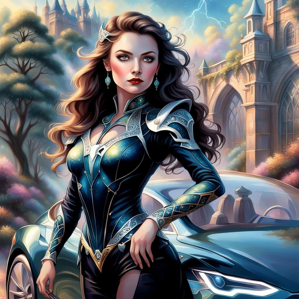 Ethereal Mistress on Tesla in Hyperdetailed Fantasy Style