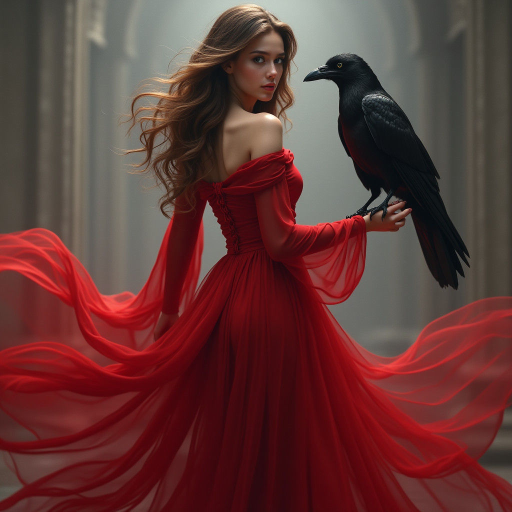 Crimson Gown and Raven: Dreamlike Concept Art
