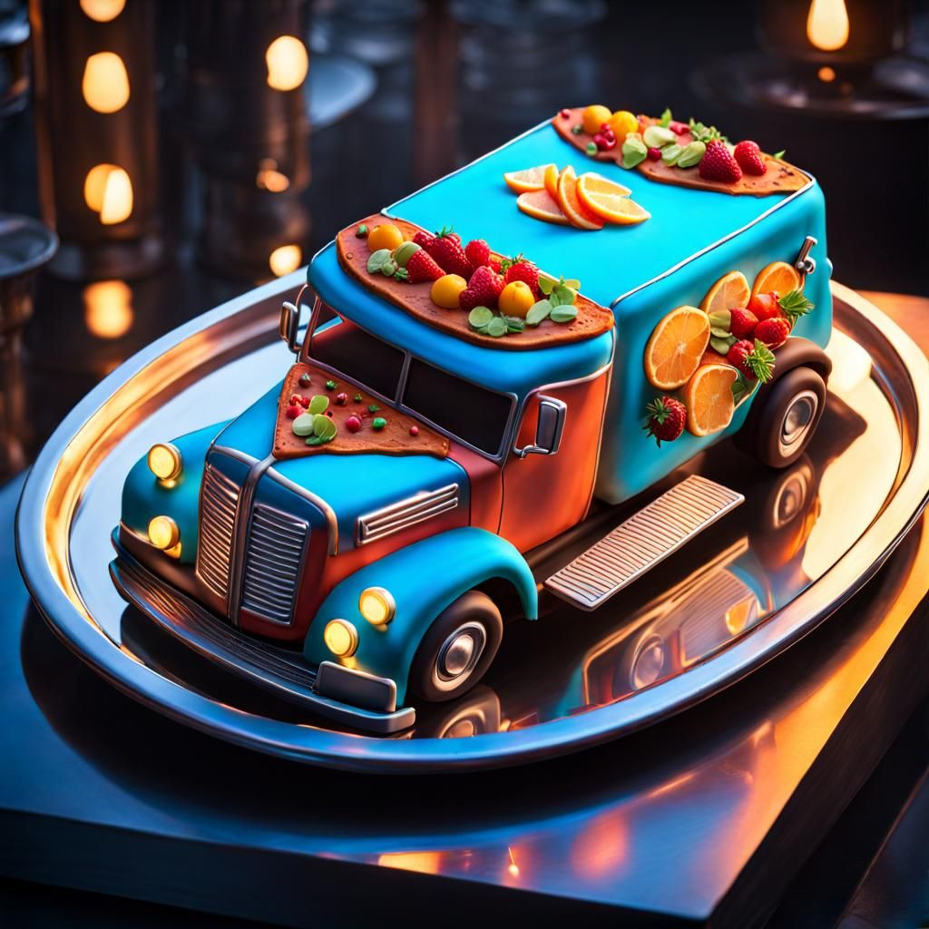 Fire Truck Cake in Urban Kitchen, Hyperdetailed Art
