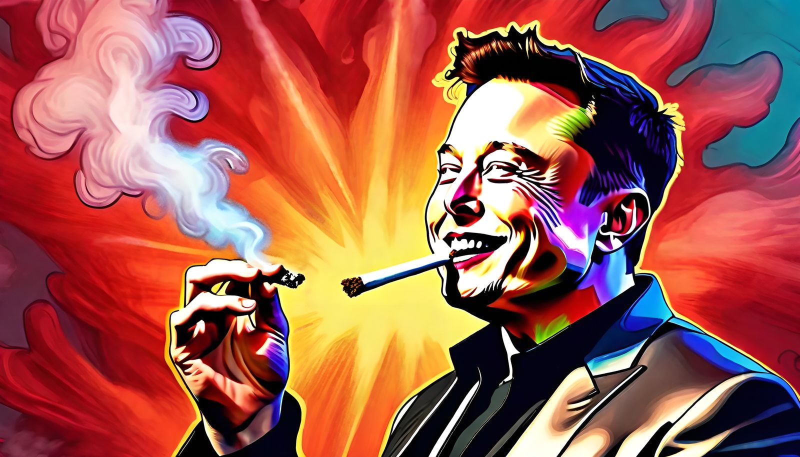 Elon musk smoking weed, getting high, Marijuana, stoned, red eyes, huge smile,