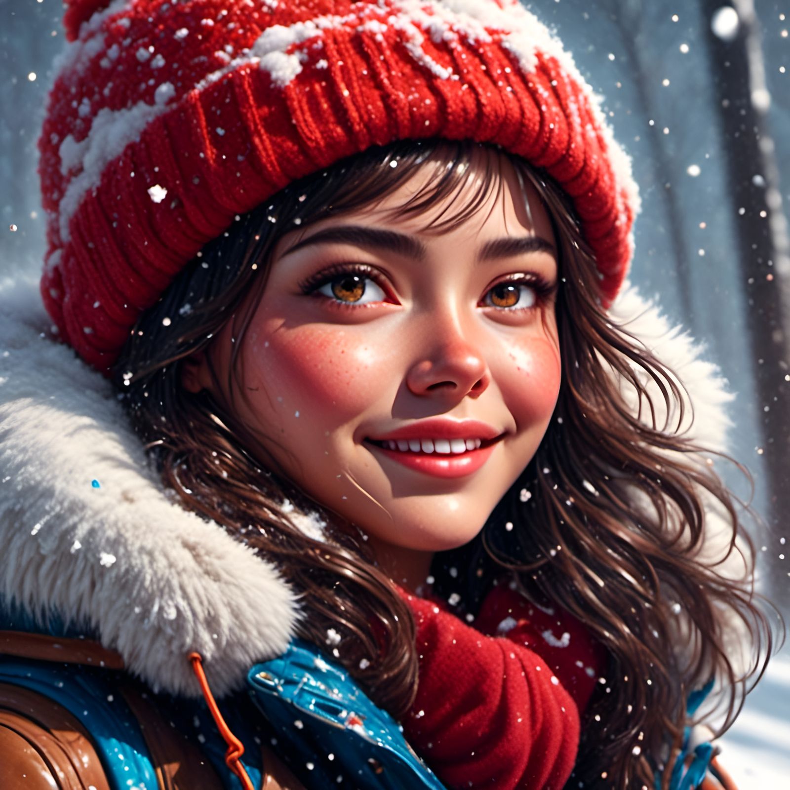 Brunette Woman Portrait in Snow, Detailed Digital Art