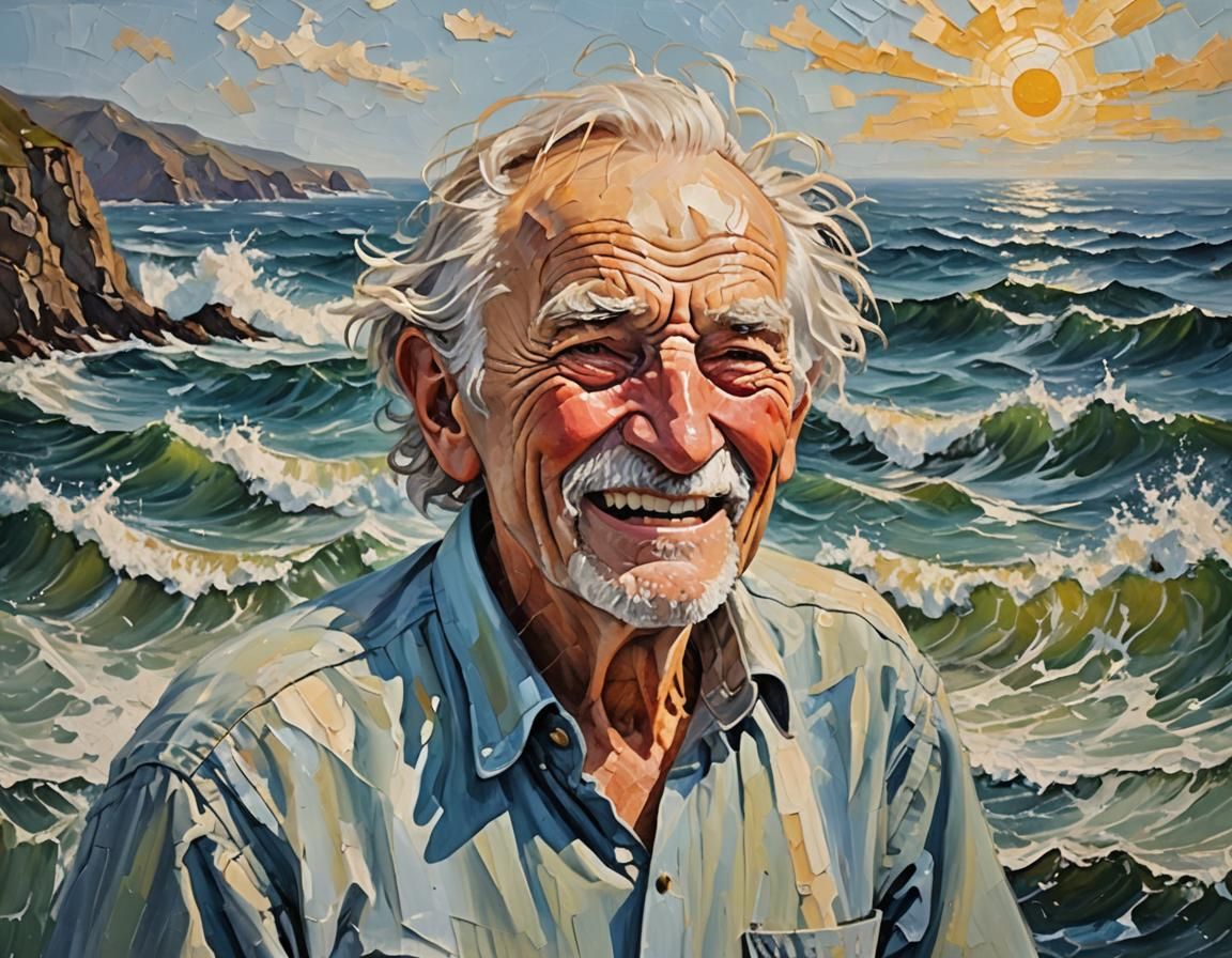 Joyful Old Man and the Sea: Impasto Oil Painting