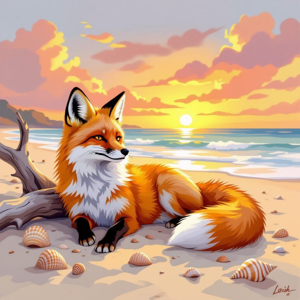 Fox Lounging on Beach in Watercolor Style