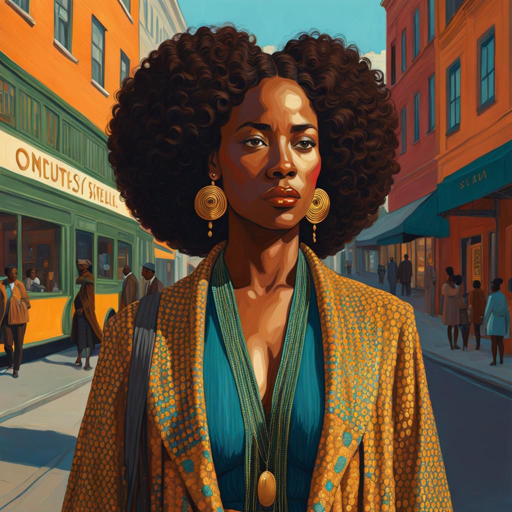African American Woman in City, Klimt and Stålenhag Inspired