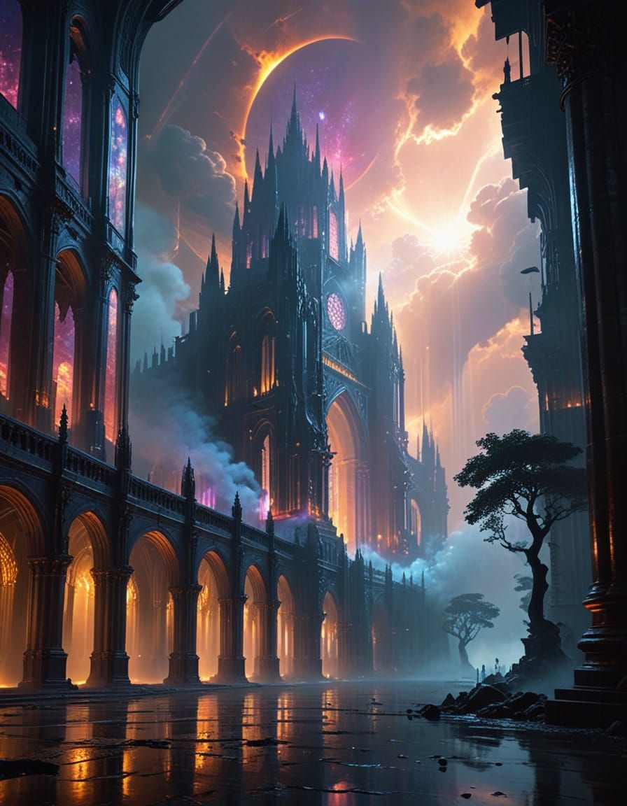 Cathedral Floating in Twilight Dimension: Surreal Digital Ar...