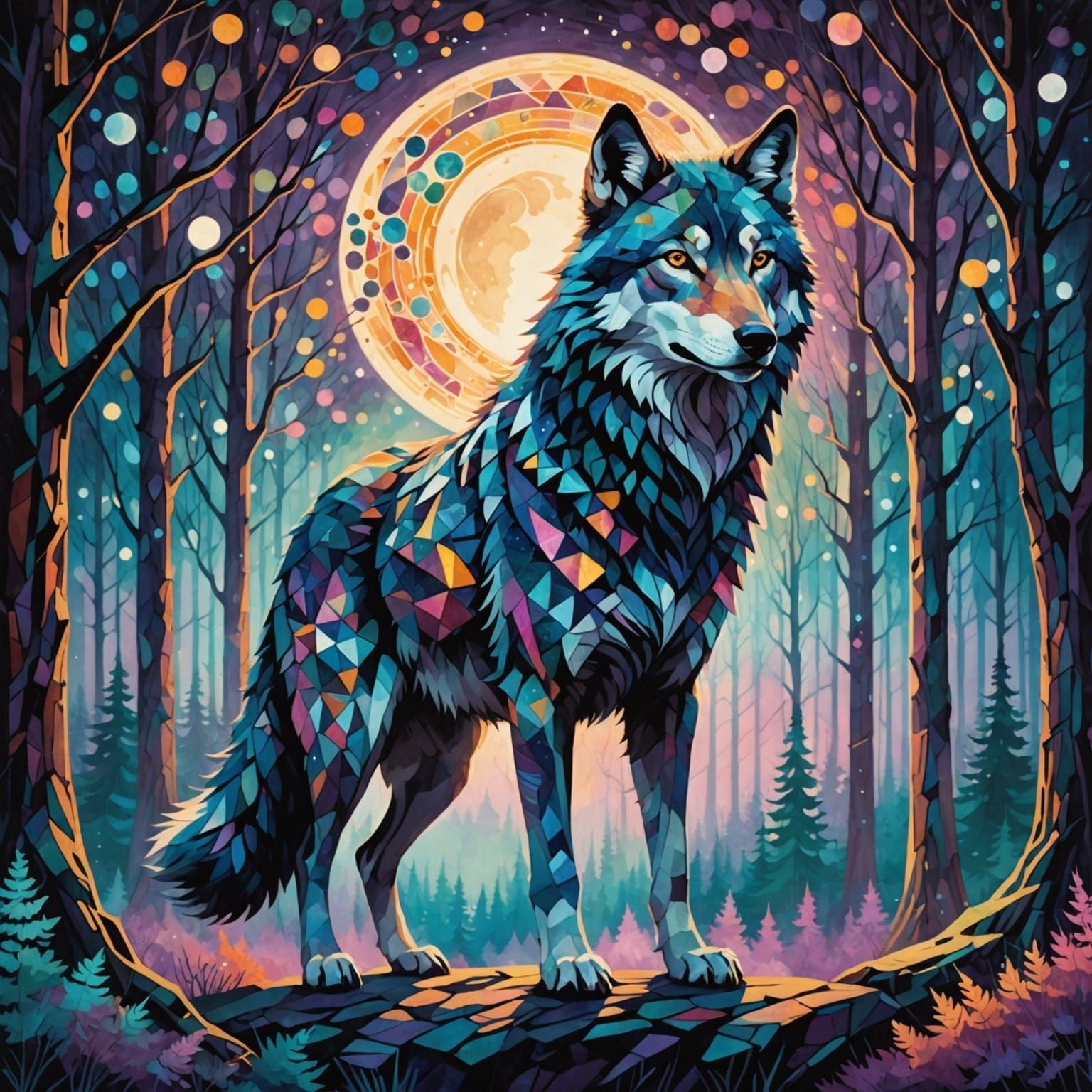 Majestic Wolf in Geometric Crystal Forest