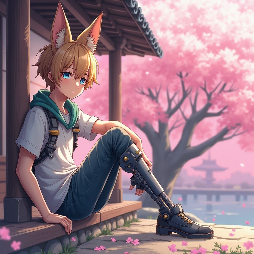 Whimsical Anime Boy with Fox Ears and Prosthetic Leg, Surrou...