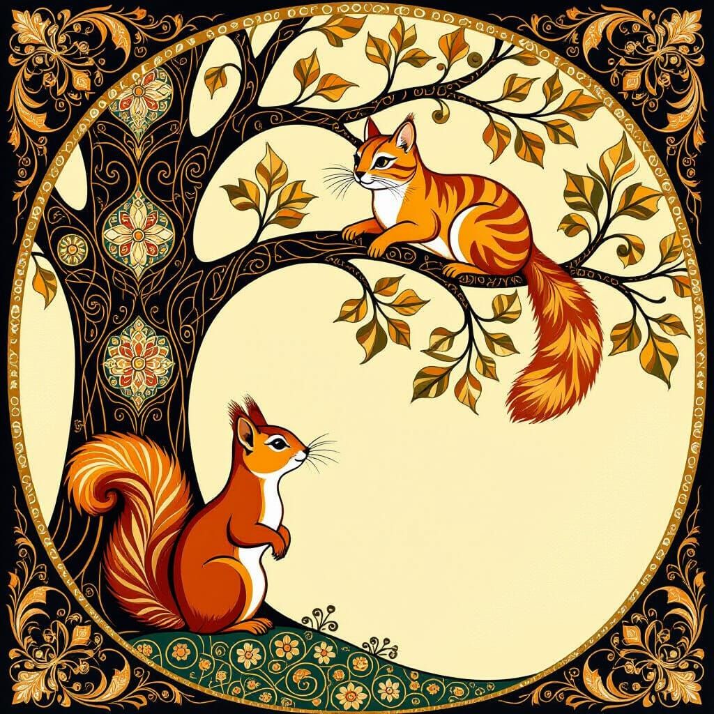 Squirrel and Cat in Gustav Klimt Art Nouveau Style