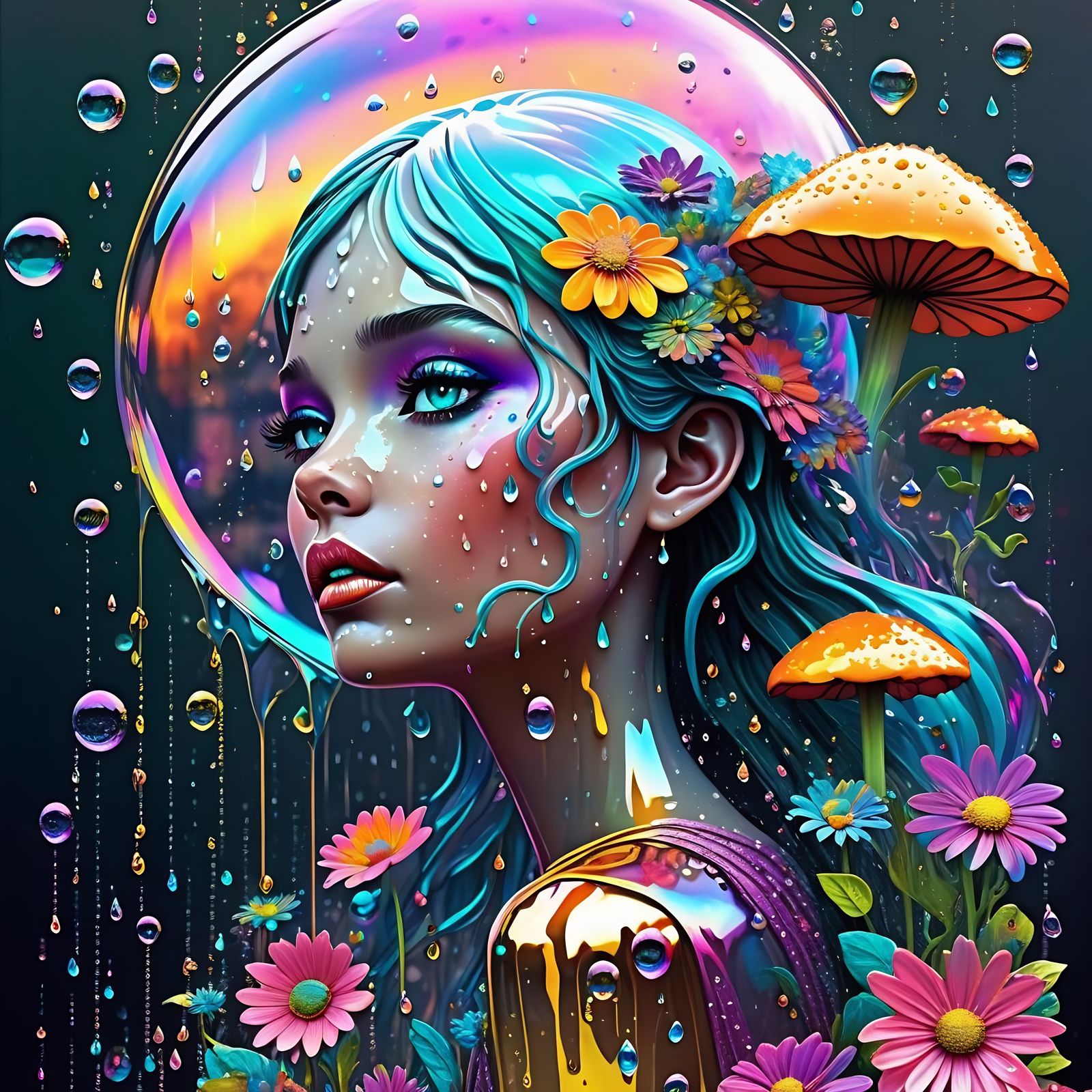 Fairytale Fairy Woman in Metallic Liquid Rain