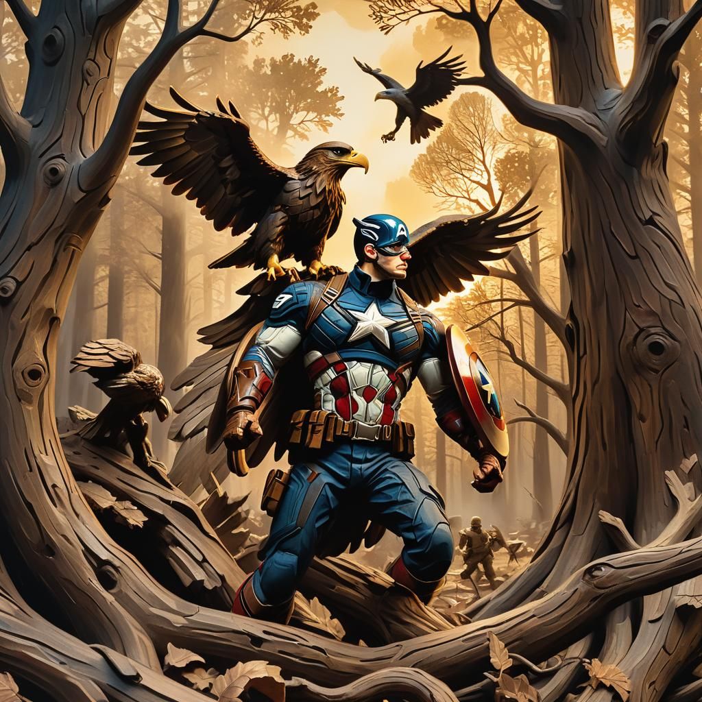 Captain America Wood Carving in Cinematic Style