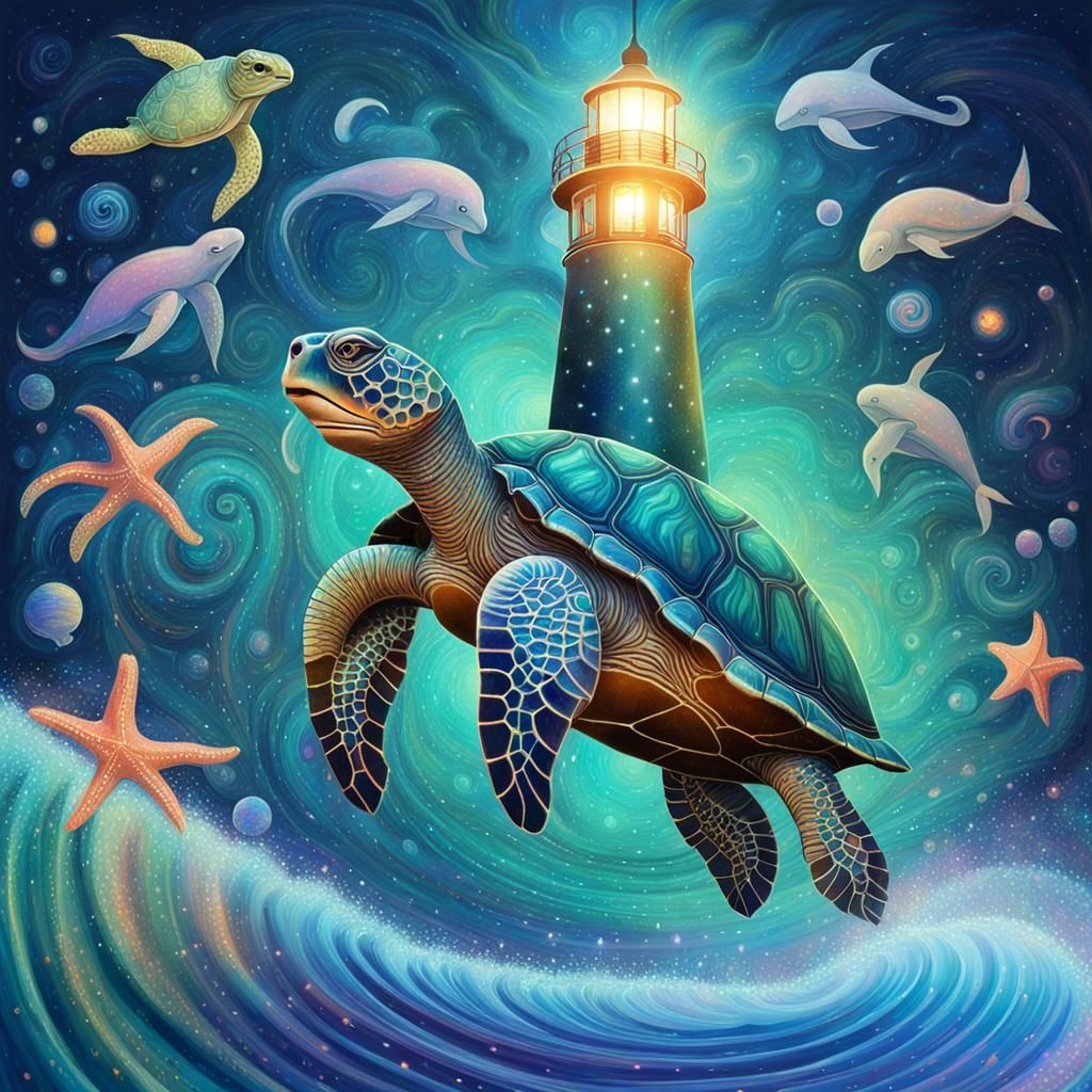 Turtle Lighthouse Surfing Seahorse Wave: Cosmic Illustration