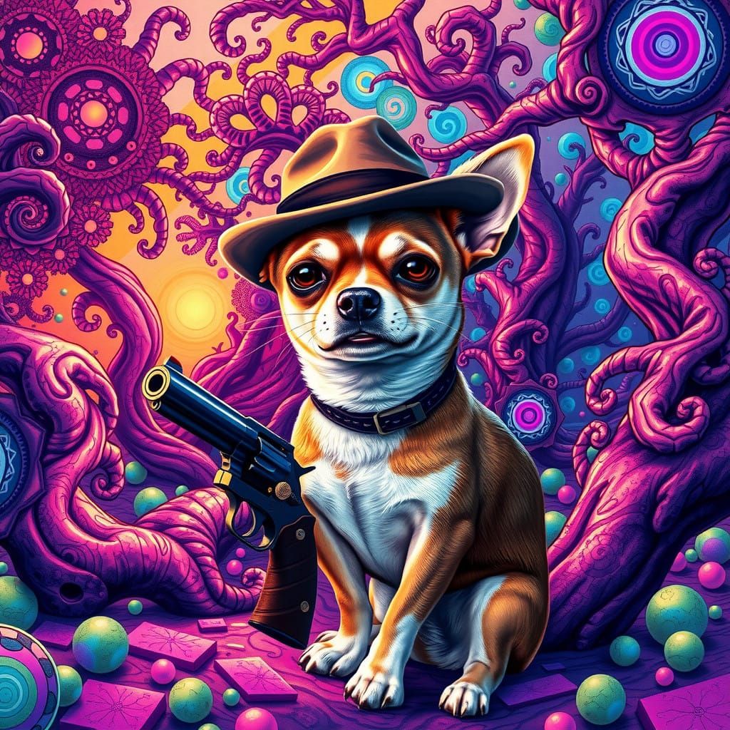 Psychedelic Wilderness Scene with Chihuahua in Hyperrealisti...