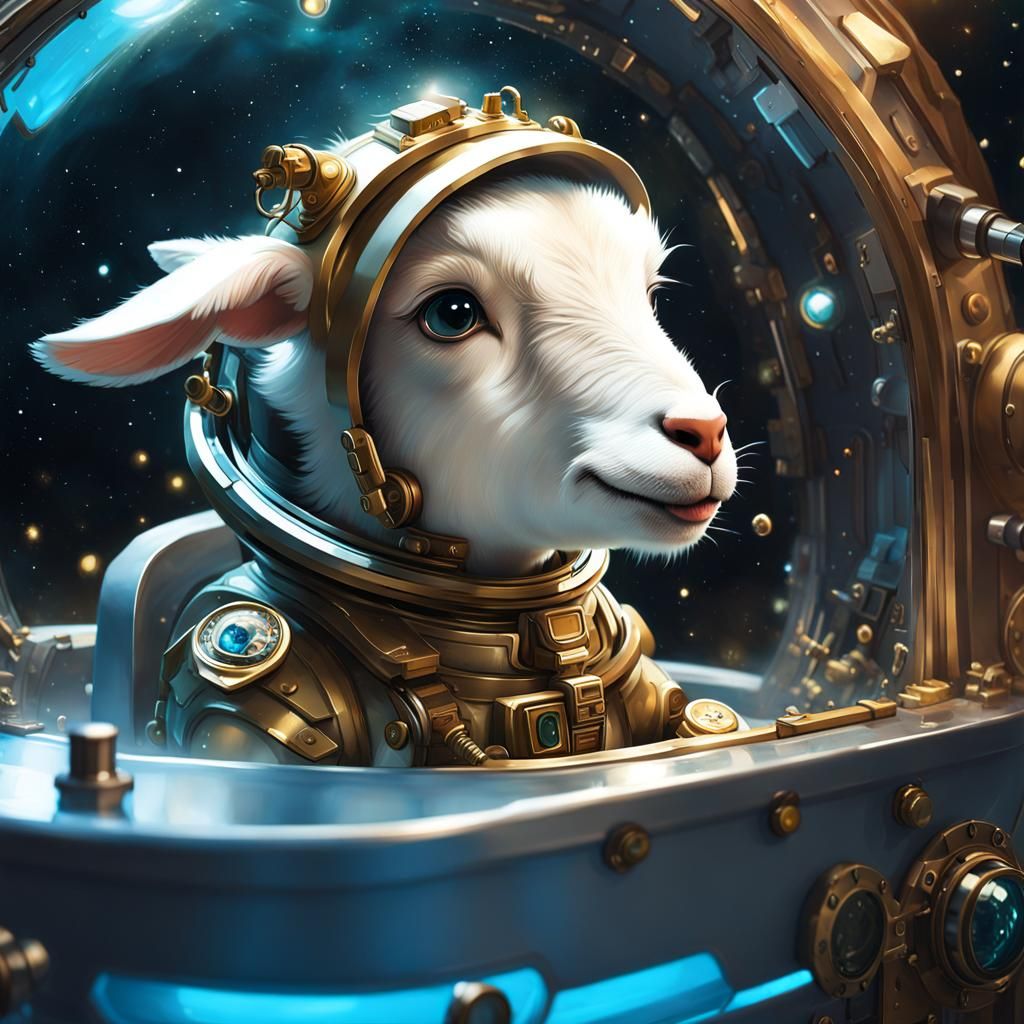 Chibi Steampunk Goat Astronaut Bathing in Spaceship