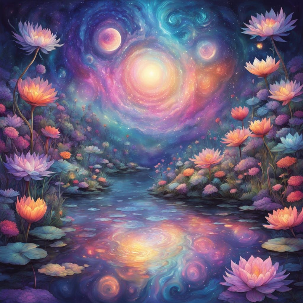 Surreal Astral Garden Blooms with Vibrant Iridescent Flowers