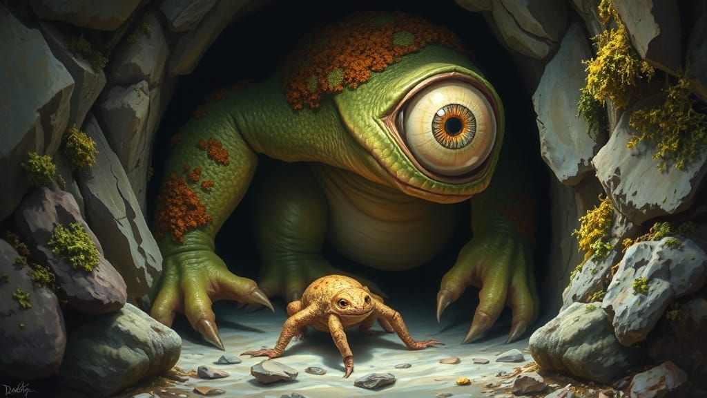 Fearful Creature Cowers in Dark Cave
