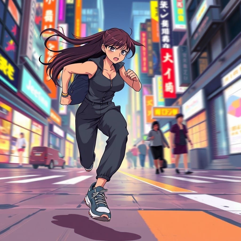 Sprinting Woman in Neon Cityscape, Anime-Inspired Digital Ar...