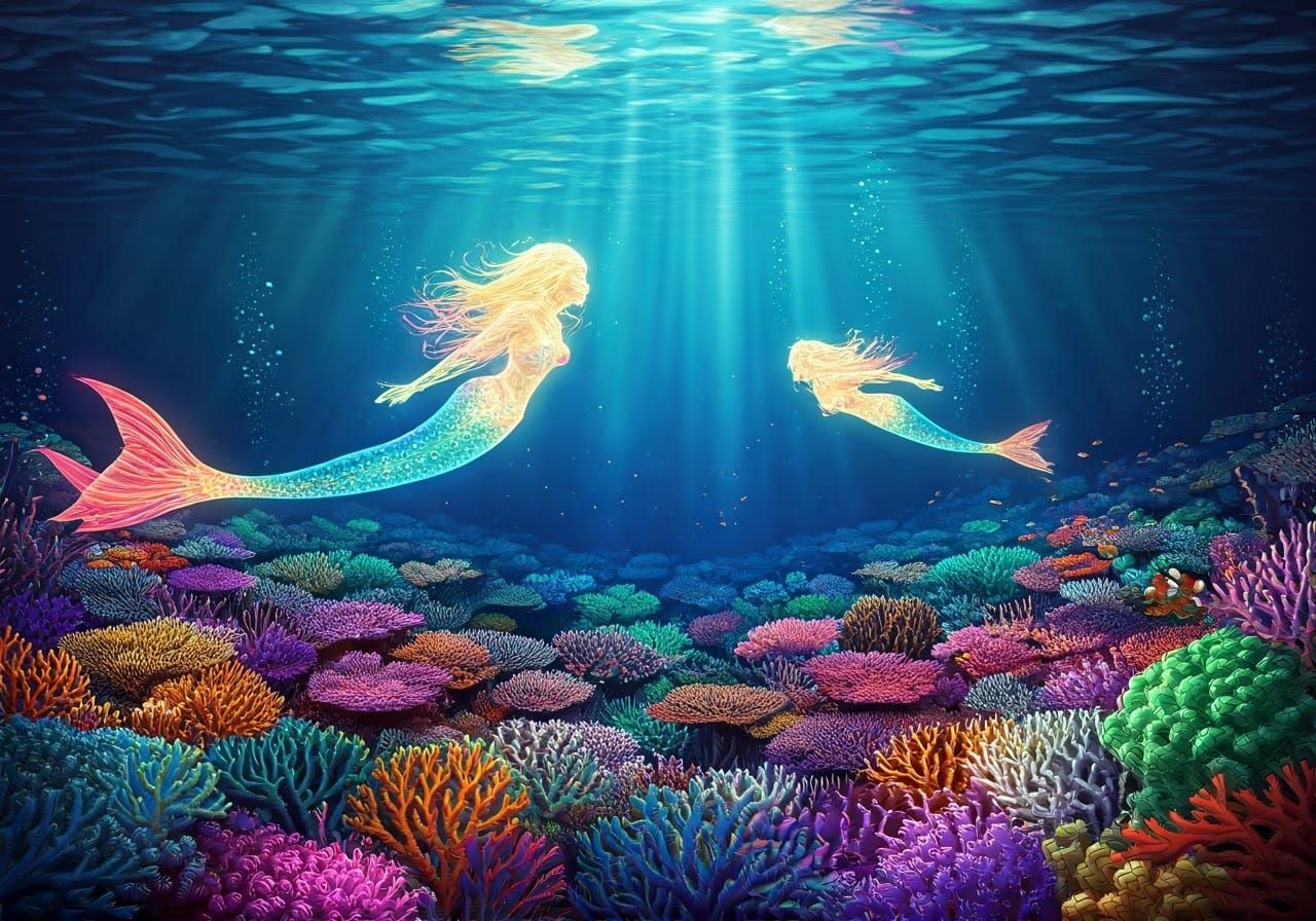 Spectral Mermaids Illuminate Vibrant Coral Reef