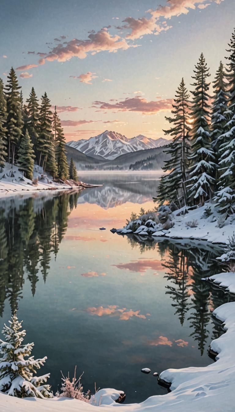 Peaceful Winter Sunset Reflected Over Calm Lake