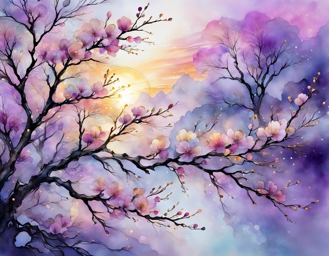 Ethereal Pastel Sunset with Whimsical Cherry Blossoms