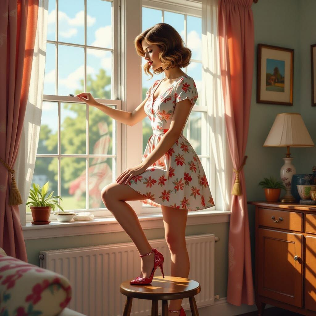 Tradwife Cleaning Windows in 1970s Style
