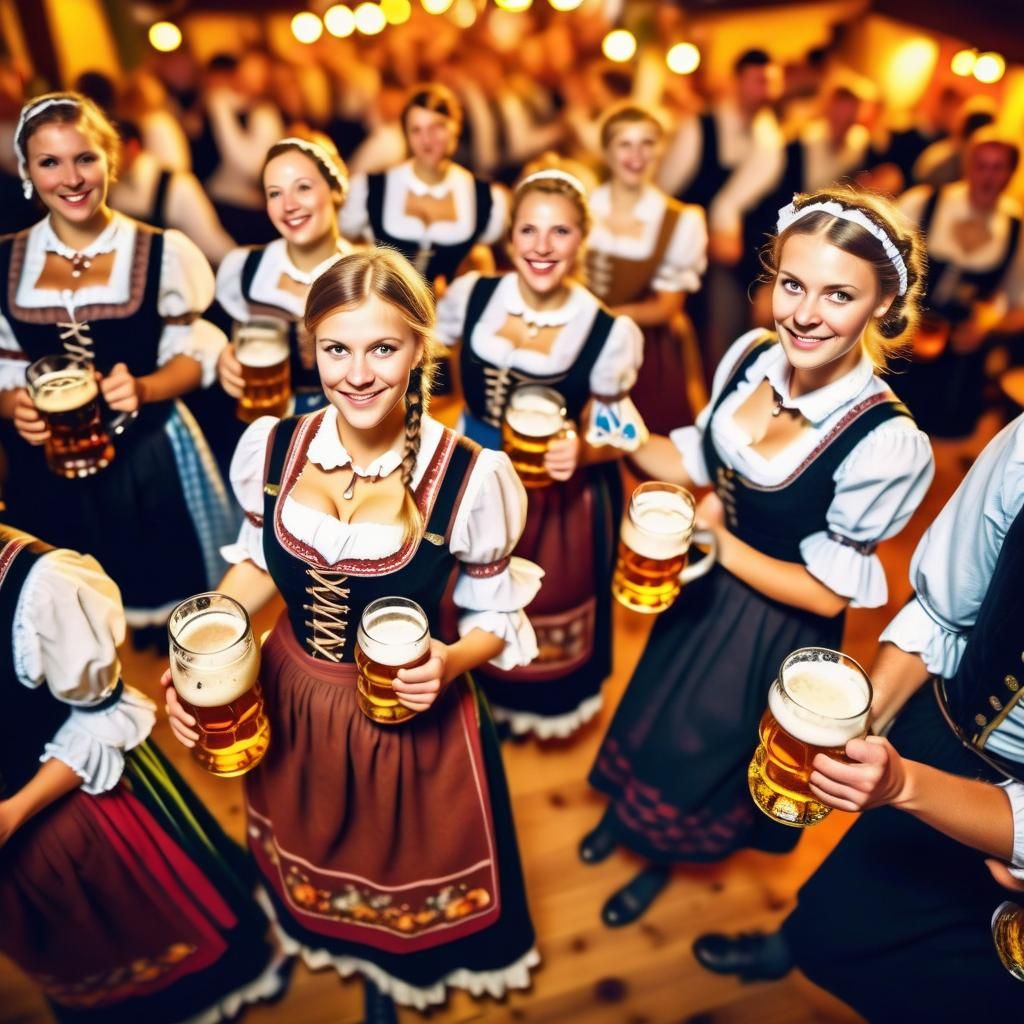 Oktoberfest festive crowded German beer garden beautiful vol...