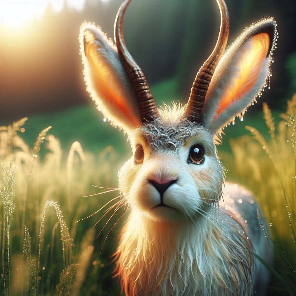 Magical creature - A majestic jackalope stands in a lush meadow under warm sunlight.