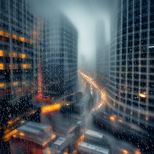 Rainy Cityscape Through Window in Hyperrealistic Style