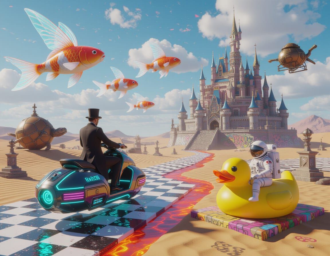 Surreal Dreamscape Exploding with Unrelated Elements