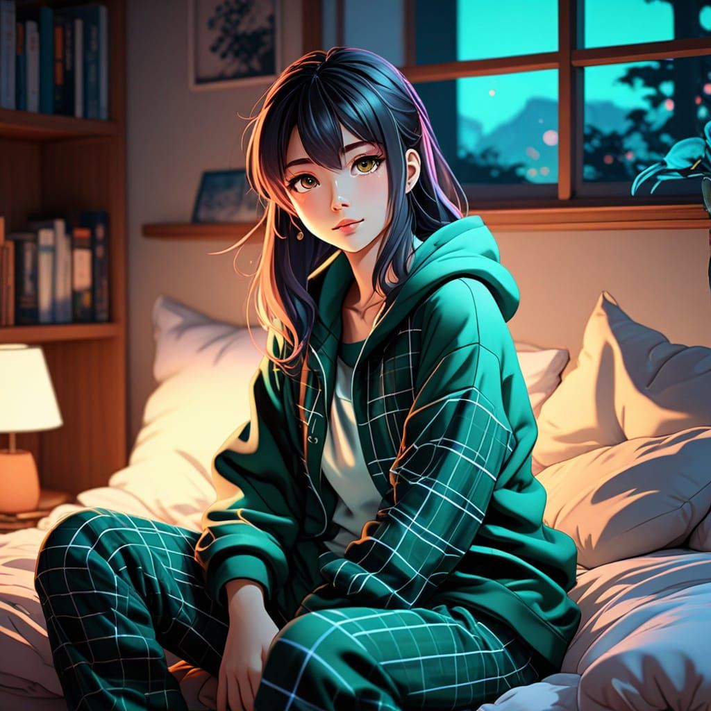 Sweet Anime Girl in Cozy Pajamas