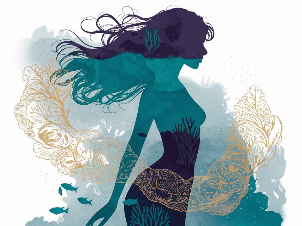 Mermaid Silhouette in Coral Reef: Watercolor Double Exposure