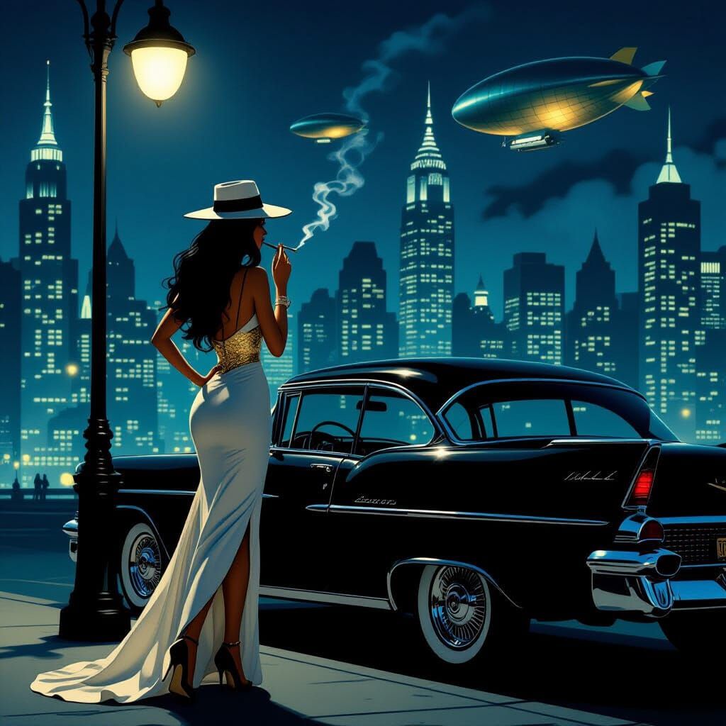 Film Noir Silhouette: Woman in White Gold Dress by Retro Car