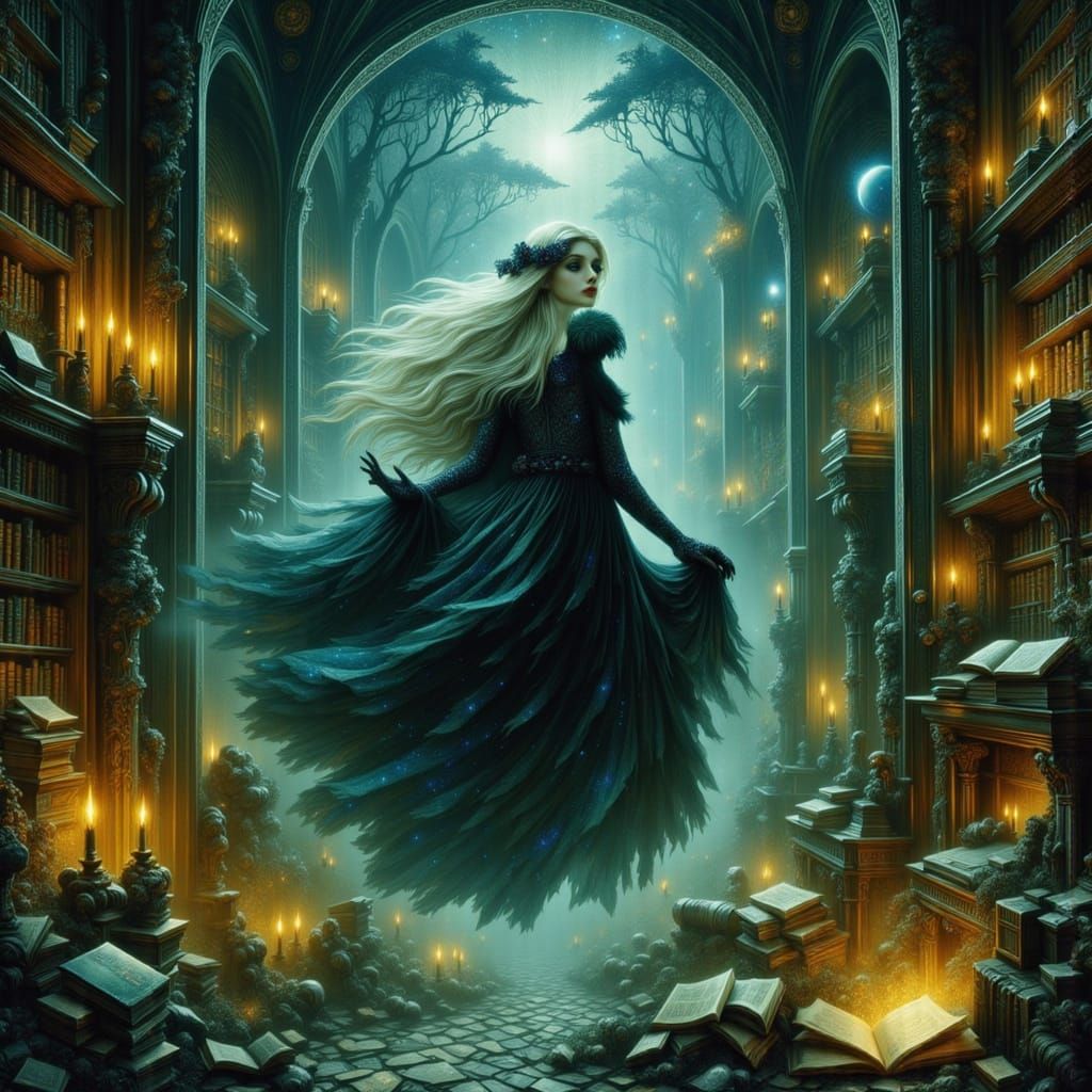 Mysterious Woman in Gothic Library with Enchanted Books