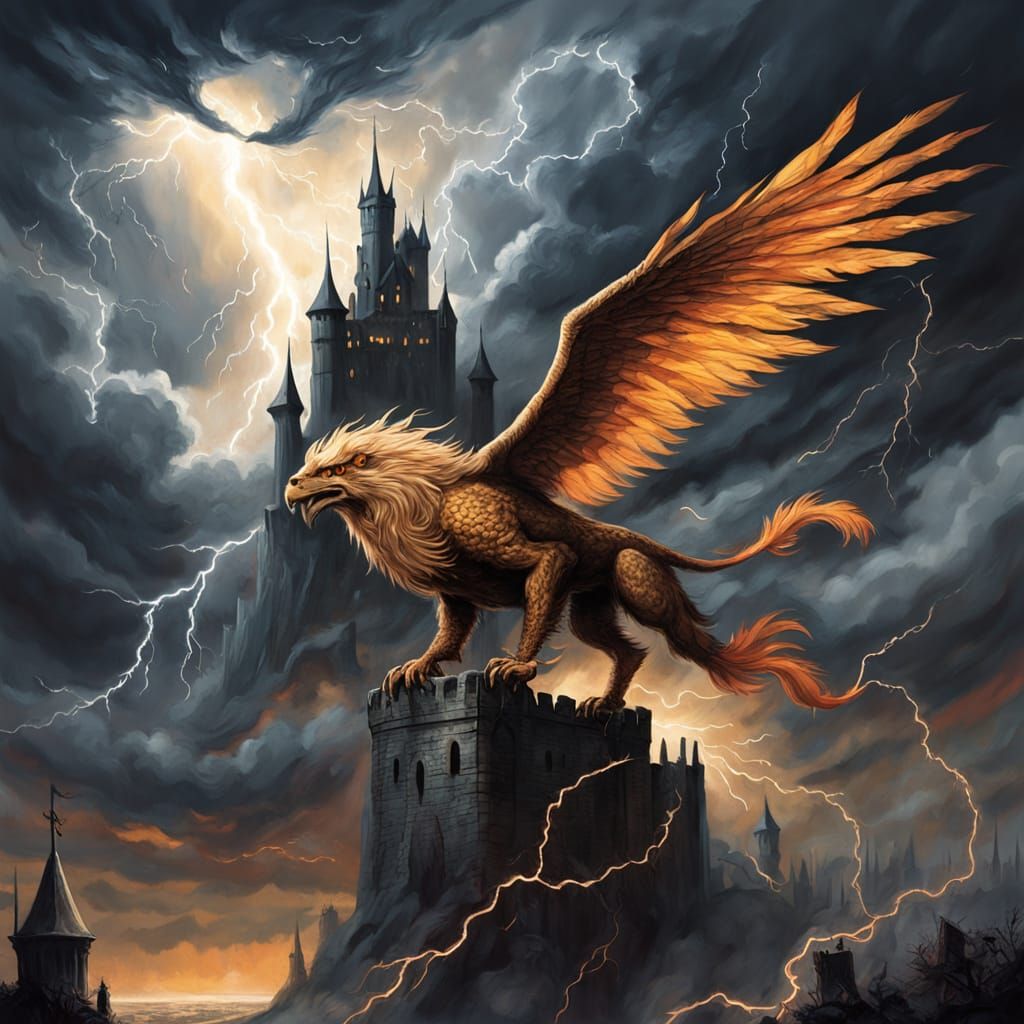Majestic Griffin Soaring Through Stormy Sky