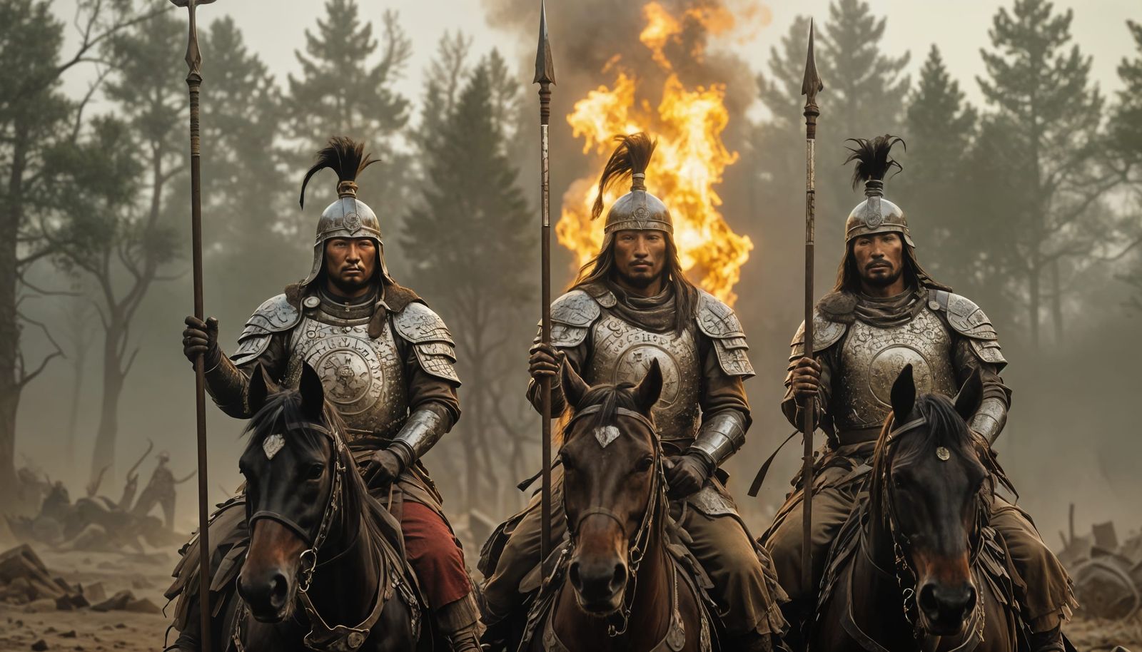 Ancient Mongol Warriors in Luminous Forest Clearing