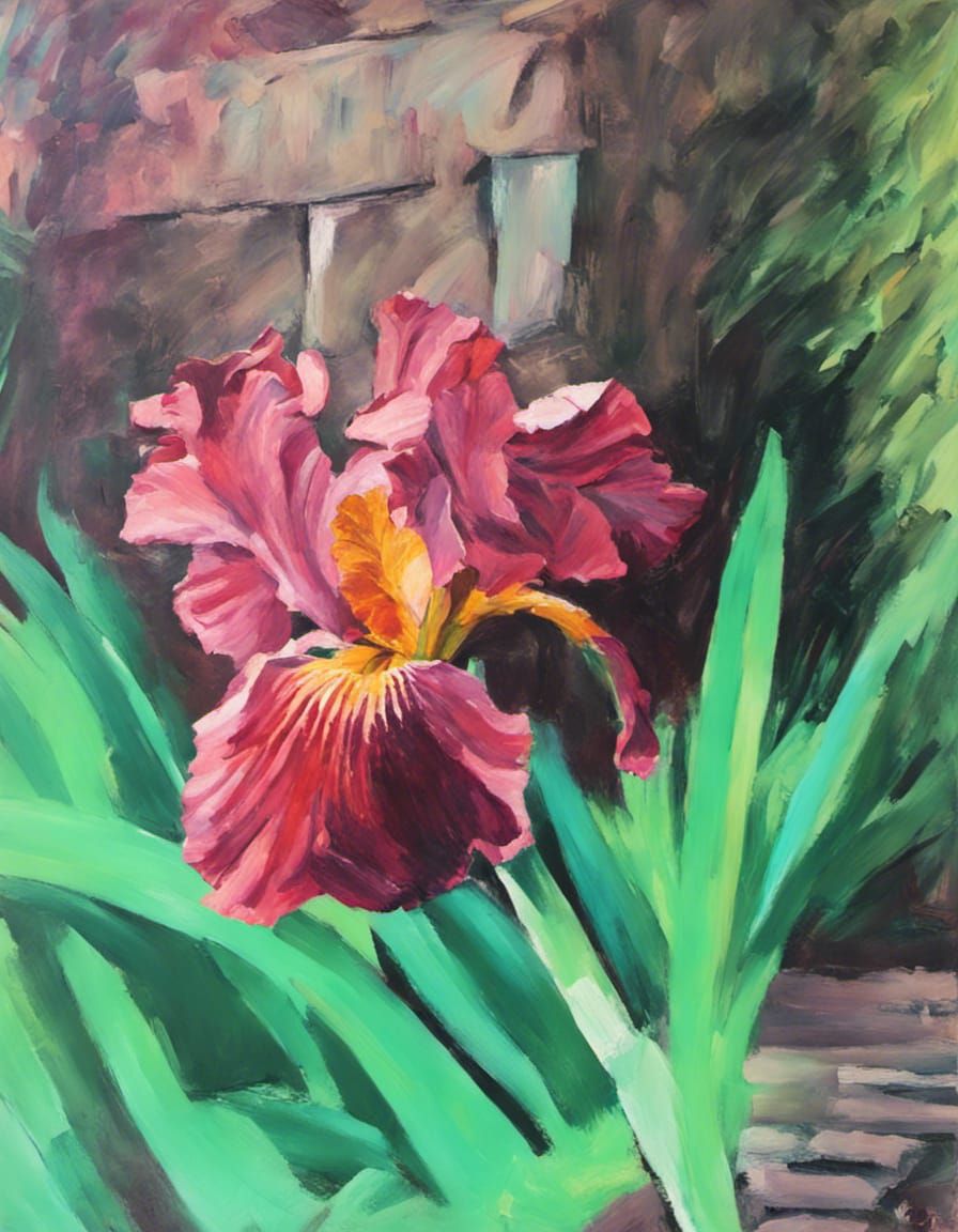 Burgundy Iris: Expressionist Oil Painting with Impasto Textu...