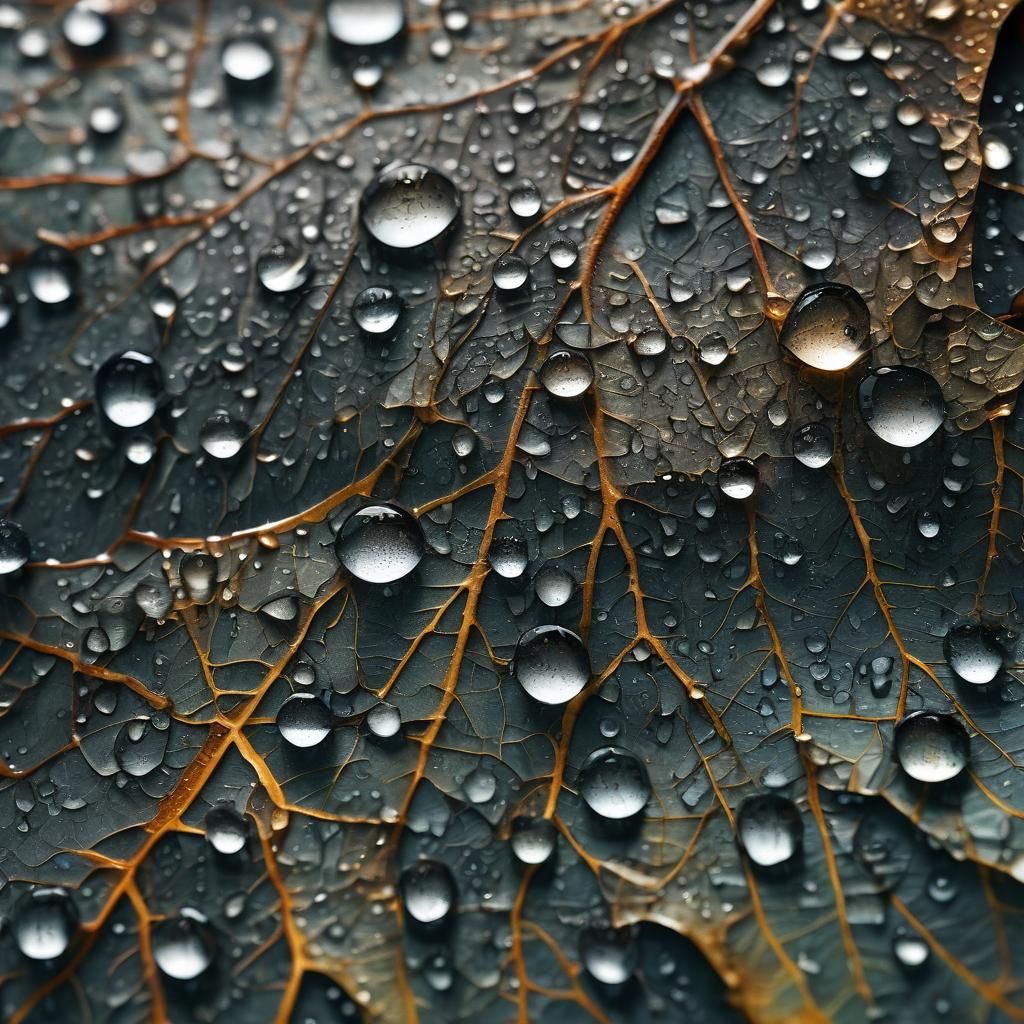 Raindrop Reflections on Dried Leaf: Hyperrealistic Macro Sho...