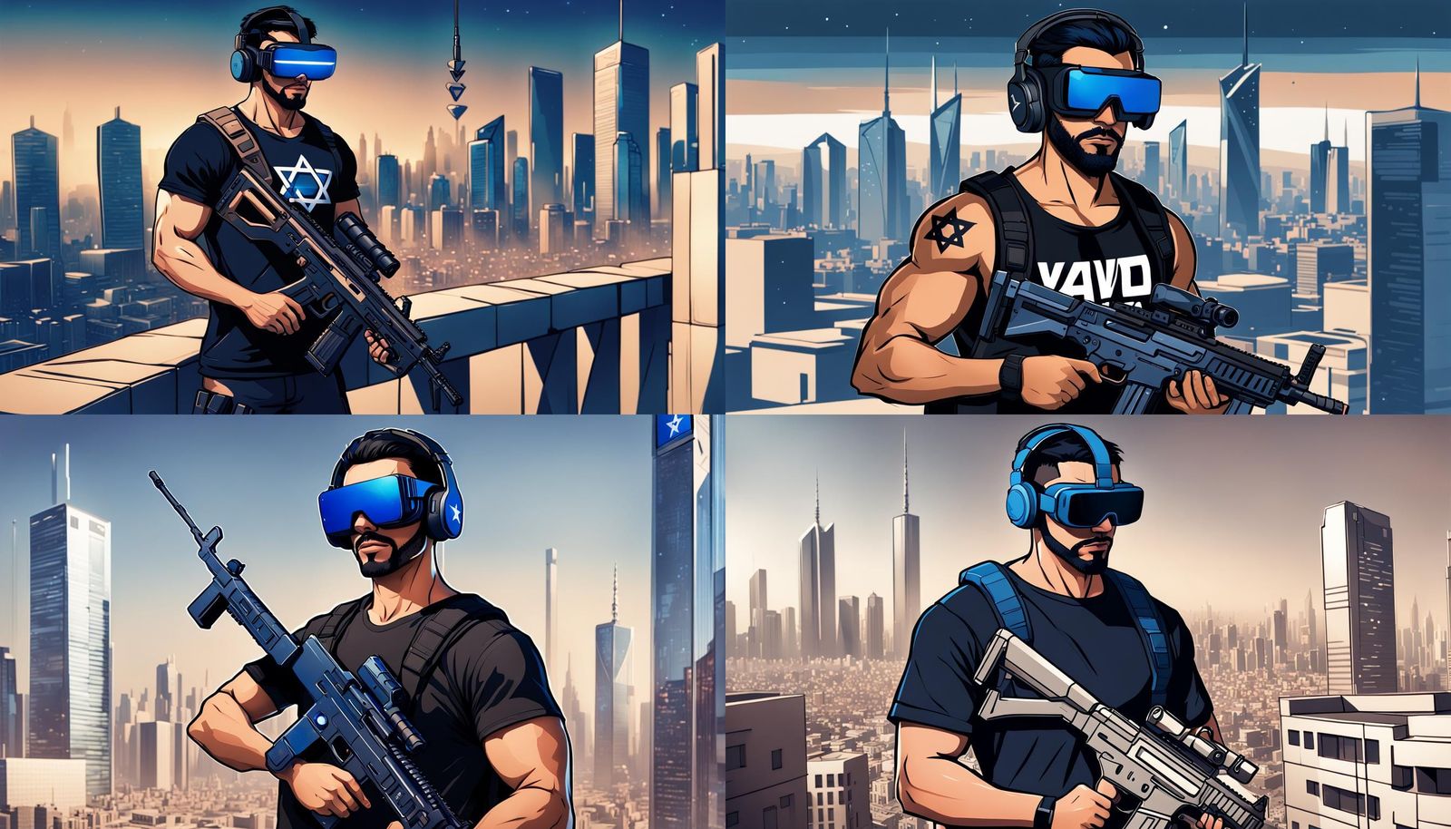 Futuristic Gamer in Cyberpunk City with Rifle