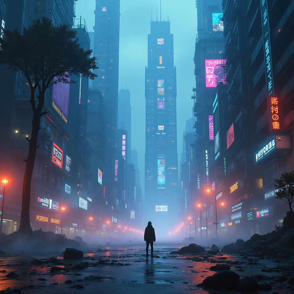 Neon Dystopian Cityscape in Cyberpunk Style