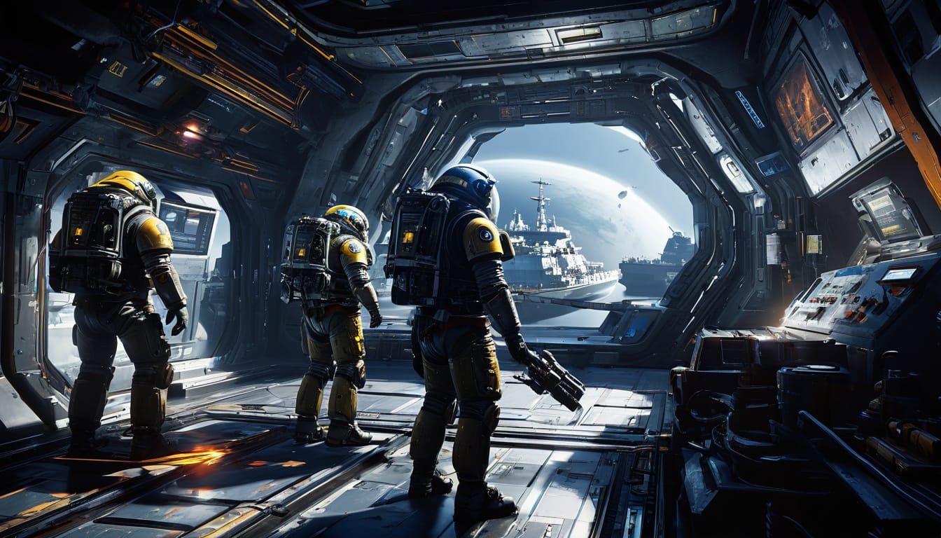 Galactic Space Marines Stand Vigilant in Bustling Spaceport