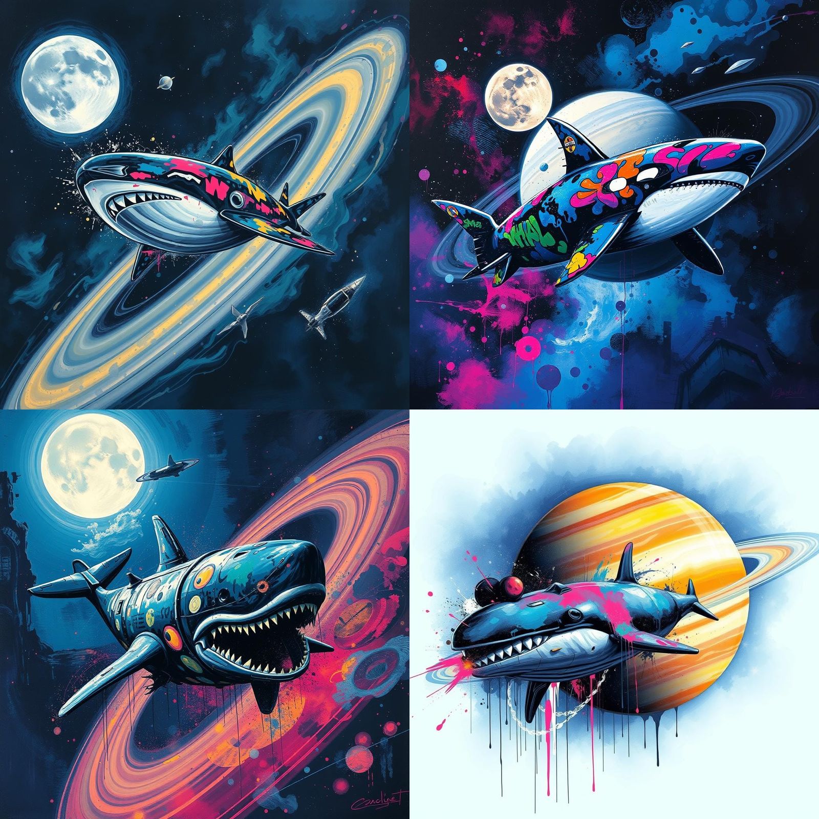 Killer Whale Spaceship Orbiting Saturn in Graffiti Art