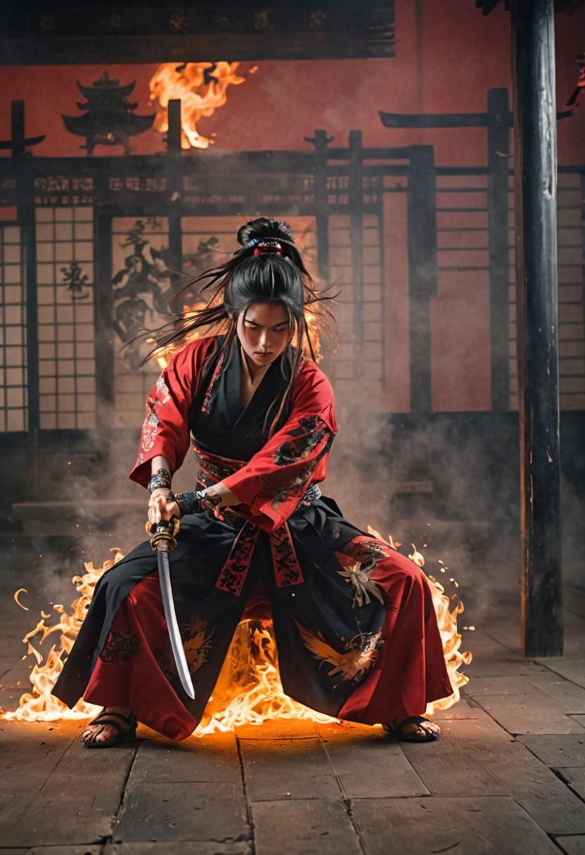 Samurai Woman in Cursed Temple: Cinematic Masterpiece