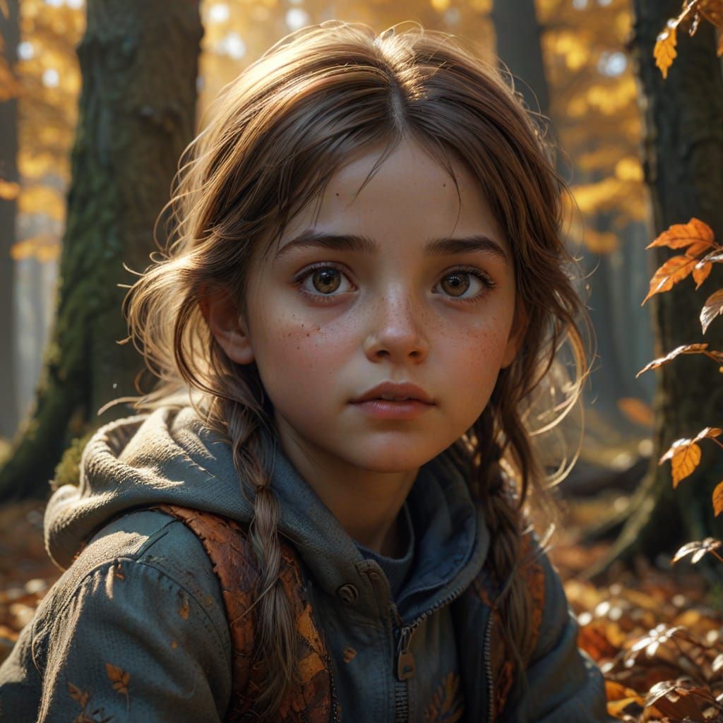 Little Girl's Face in Autumn Forest