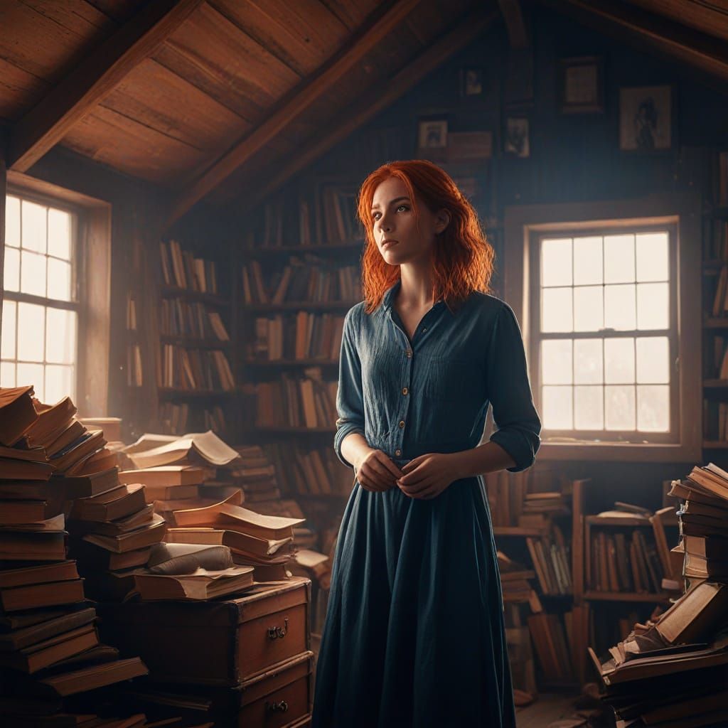 Red-Haired Woman in Dusty Attic, Ethereal Light