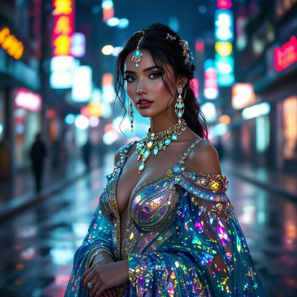 Futuristic Beauty in Cyberpunk Cityscape