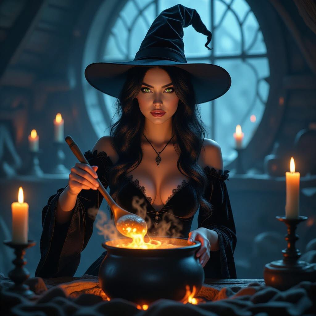 Enchanting Witch Stirring Cauldron in Dimly Lit Room