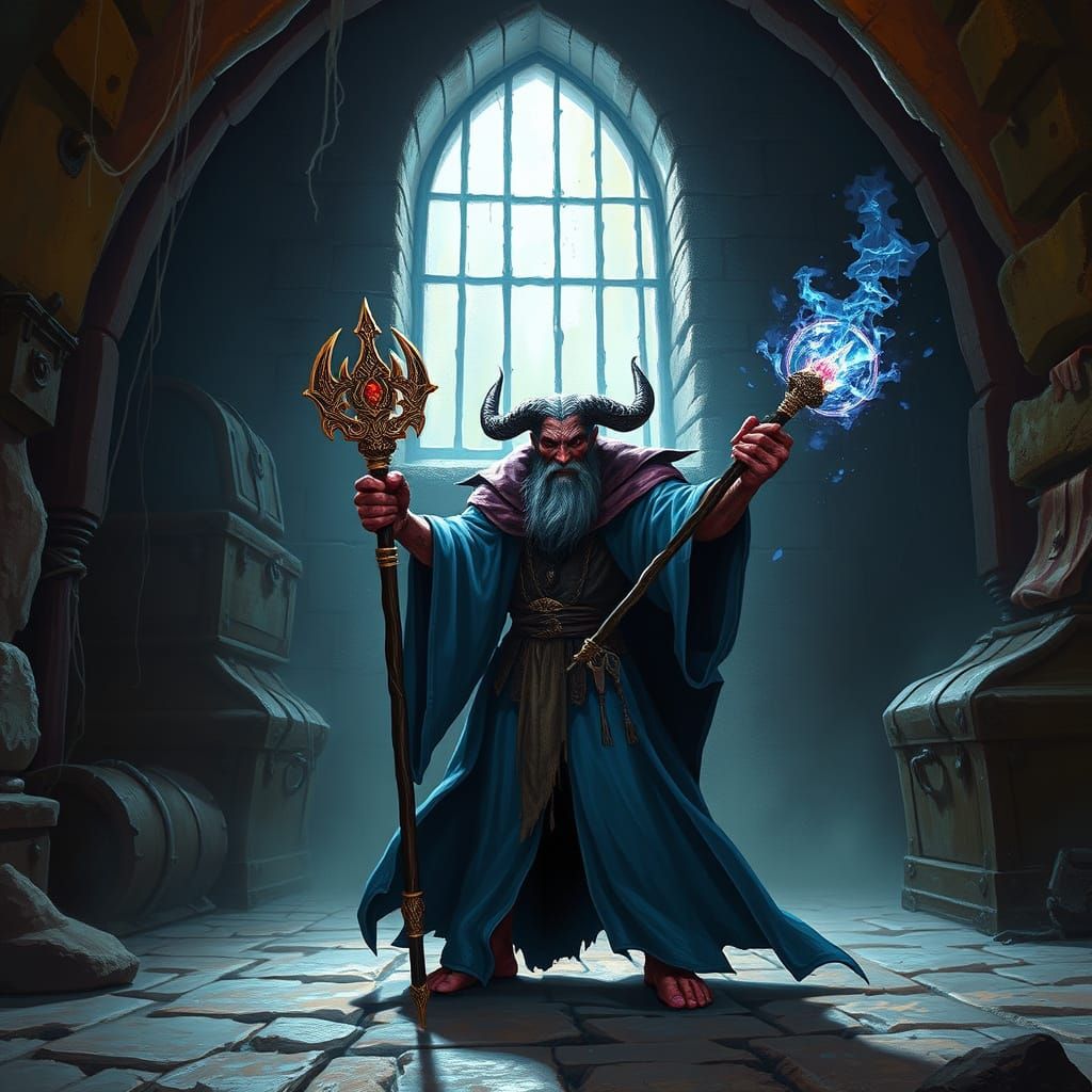 Tiefling Wizard Casting Spell in Dark Dungeon