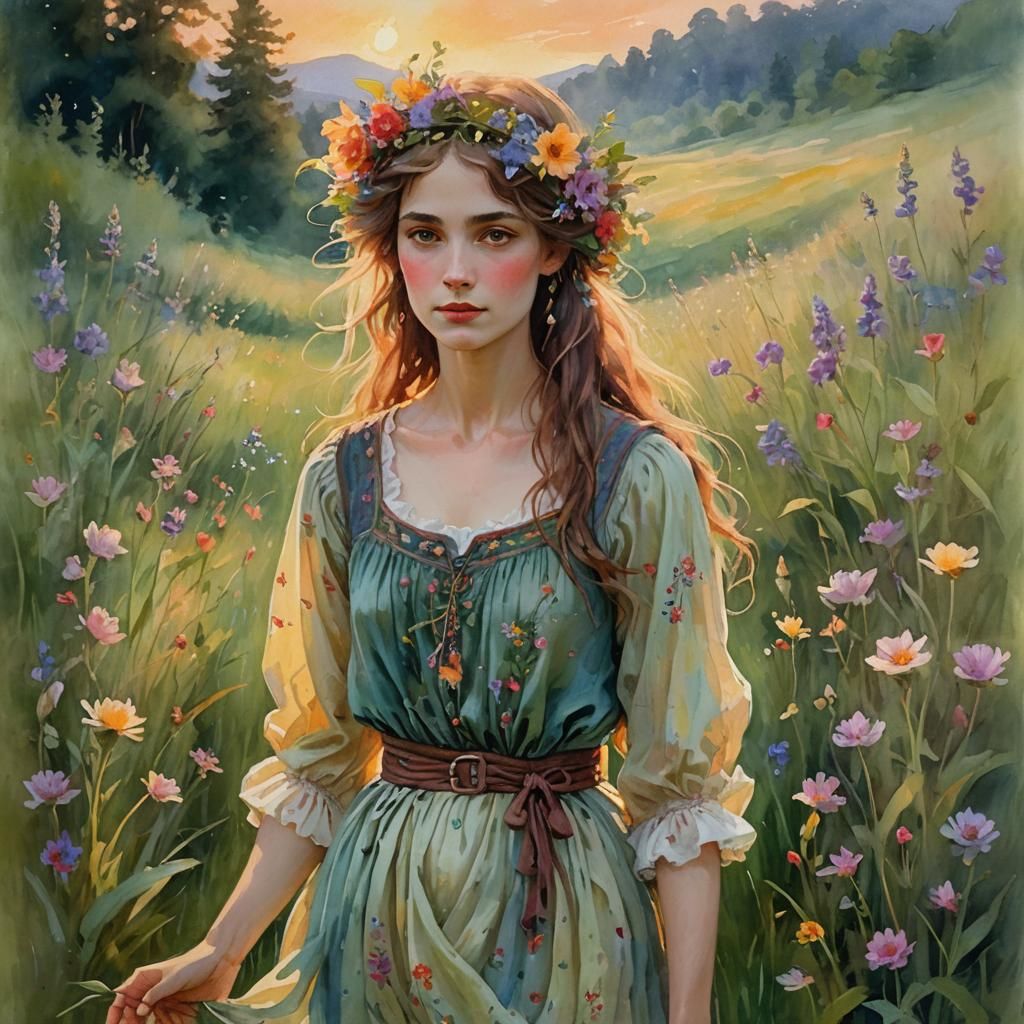 Ethereal Fae in Meadow: An Impressionist Portrait