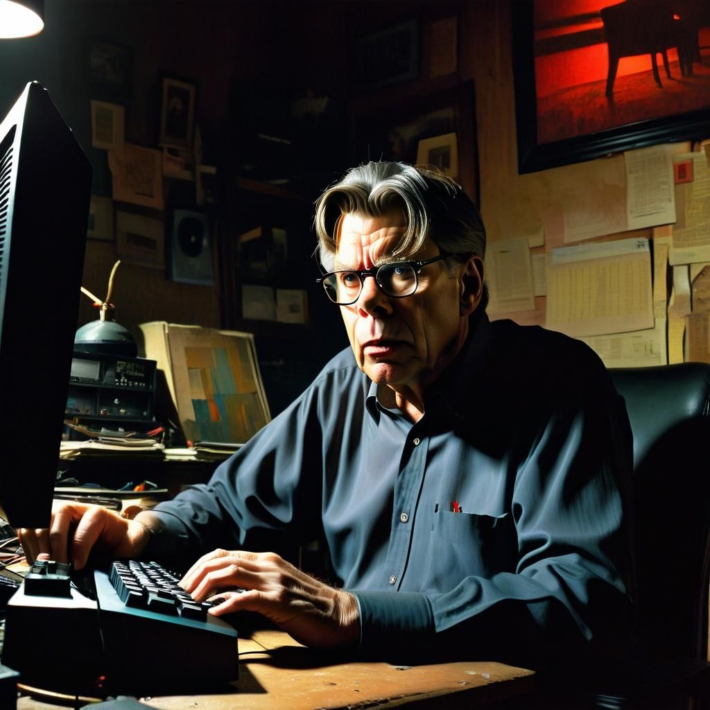 Man at Computer in Dark Room, Impasto Painting